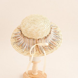 Summer Women's Boater Beach Hat Wide side Female Casual Panama Hat Lady Classic Flat Bowknot Straw Sun Hat Women Fedora, Fringe hat brim image 1