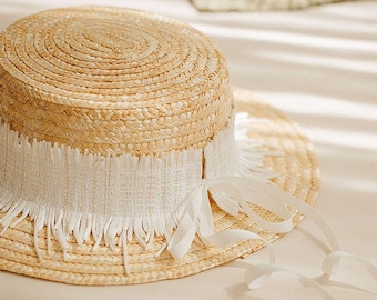 Biarritz Straw Hat, Summer Vacation Bohemian Boater Hat White Grosgrain Ribbon, Italy style sun hat, Fedora Panama hat with decorative brim