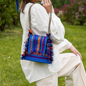 Blue and Orange Top Handle, Boho Folk Hippie Fringe Bag, Cute Women Crossbody Purse Clutch, Adjustable Strap And Colors, Boho Gift image 1