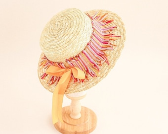 Pink and Orange Biarritz Straw Hat, Summer Vacation Boho Boater Hat deco Ribbon, Italy style sun hat, Fedora Panama hat with decorative brim