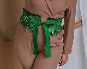 Obi Corset Fringe Belt, Plus Size Green Boho Corset Belt, Satin Texture Bespoke Statement Belt, Curvy Women Wasp Waist, Business SmartCasual