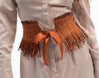 Obi Corset Fringe Belt, Plus Size Brown Boho Corset, Satin Texture Cinch/Reversible Belt, Curvy Women Wasp Waist, Folk, Gipsy, Etno Style