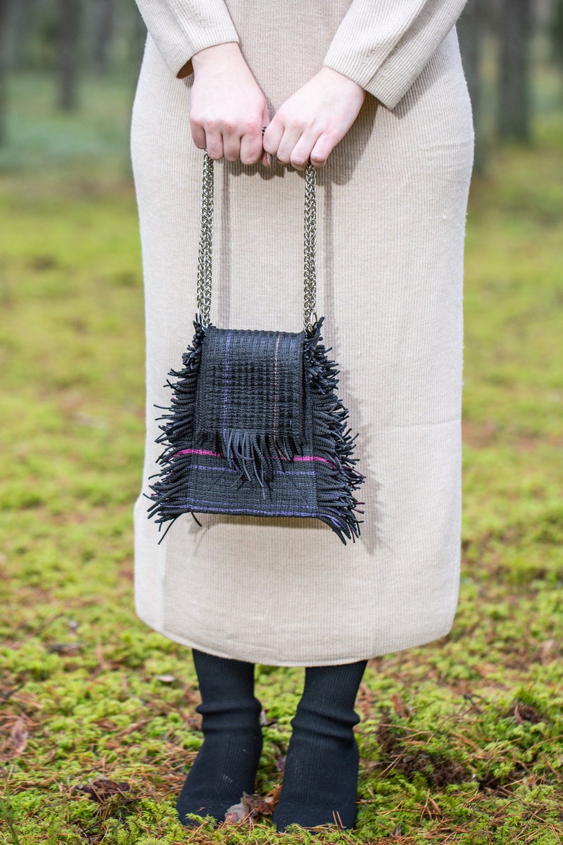 Handmade Black Color Women Purse Made From Unique Fringe Texture, Authentic BOHO Style Fringe Material, Personalized Shoulder Handbag image 1