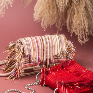 Fringe Texture Vegan Mini Bag, Small statement purse, Authentic BOHO Style shoulder bag, Luxury Red Handbag, Zerowaste Boho Style Wall Decor image 2