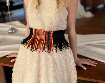 Handwoven Fringe Waist Belt, Boho Woven Corset, Ethnic Statement Belt, Black & Red Festival Wrap, Custom Plus Size Corset Belt, Tribal Motif