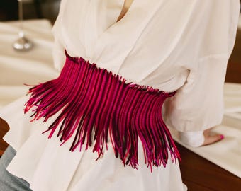Fringe Corset Belt – Red, Burgundy & Purple Waist Cincher, Boho Folk Sash, Underbust Belt, Statement Festival Accessory, Plus Size Friendly
