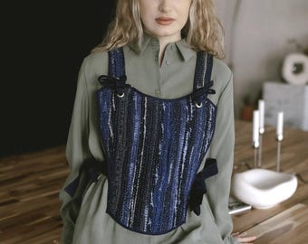 Handmade Denim Statement Vest, Adjustable Tie-Up Corset Vest for Women, One-Size Upcycled Denim Waistcoat, Sustainable Woven Denim Gilet