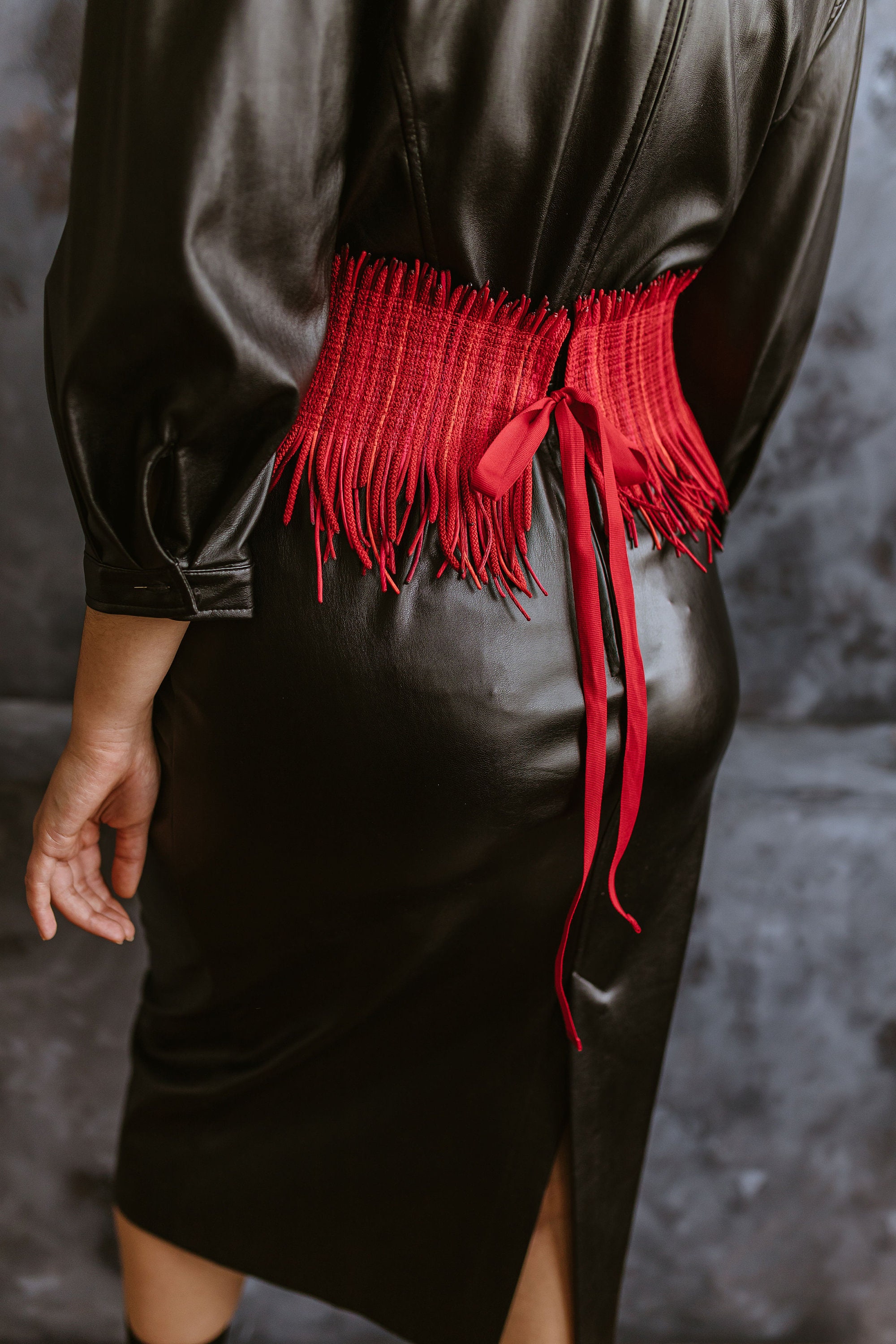 Fashionable Boho Vegan Leather Belt Wide Corset Style with Bow Tie Accent Red Burgundy Red Vegan Leather Wrap Belt - Polina Couture main image 3