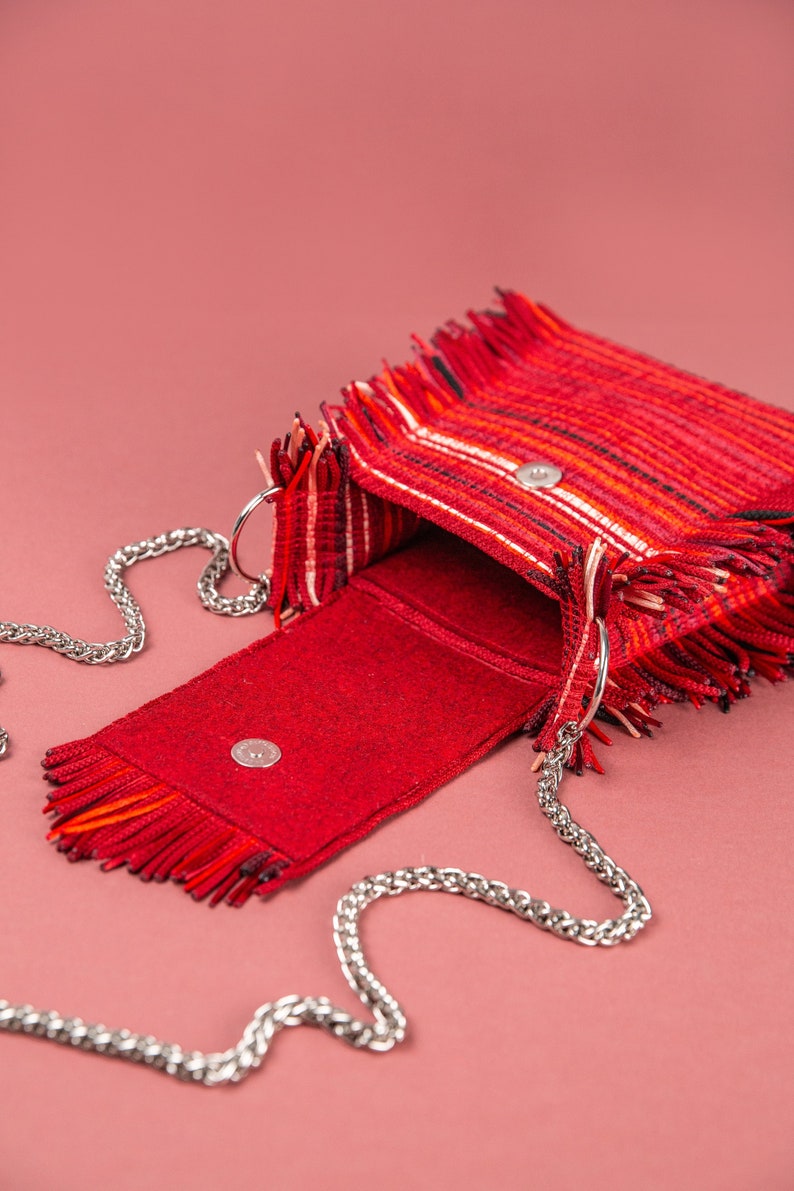 Fringe Texture Vegan Mini Bag, Small statement purse, Authentic BOHO Style shoulder bag, Luxury Red Handbag, Zerowaste Boho Style Wall Decor image 4