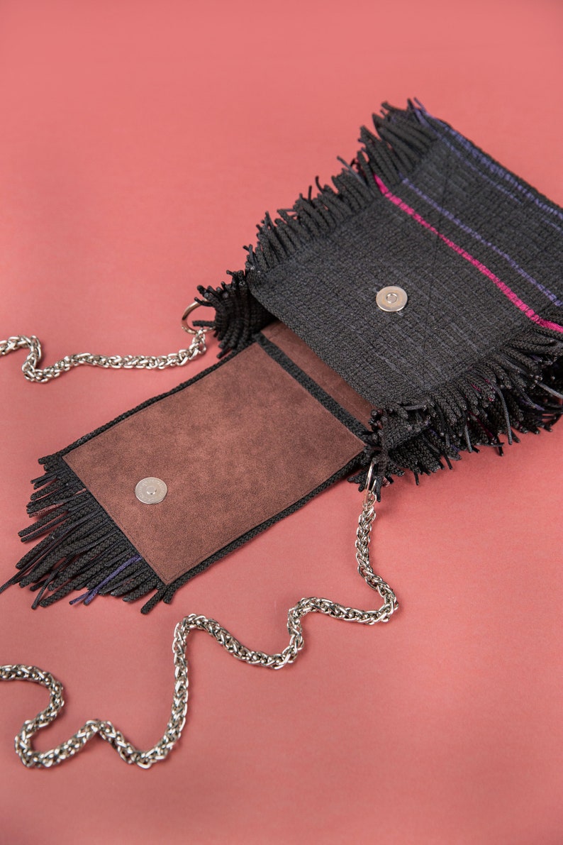 Handmade Black Color Women Purse Made From Unique Fringe Texture, Authentic BOHO Style Fringe Material, Personalized Shoulder Handbag image 8