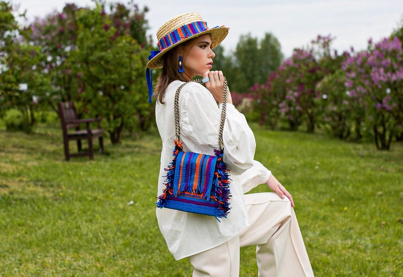 Blue and Orange Top Handle, Boho Folk Hippie Fringe Bag, Cute Women Crossbody Purse Clutch, Adjustable Strap And Colors, Boho Gift image 1