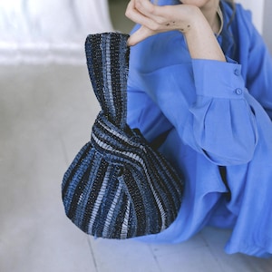 Japanese Knot Bag, Upcycled Denim Handbag, Woven Jeans Boho Evening Clutch, Handmade Sustainable Accessory, Minimalist Wabi-Sabi Style Purse