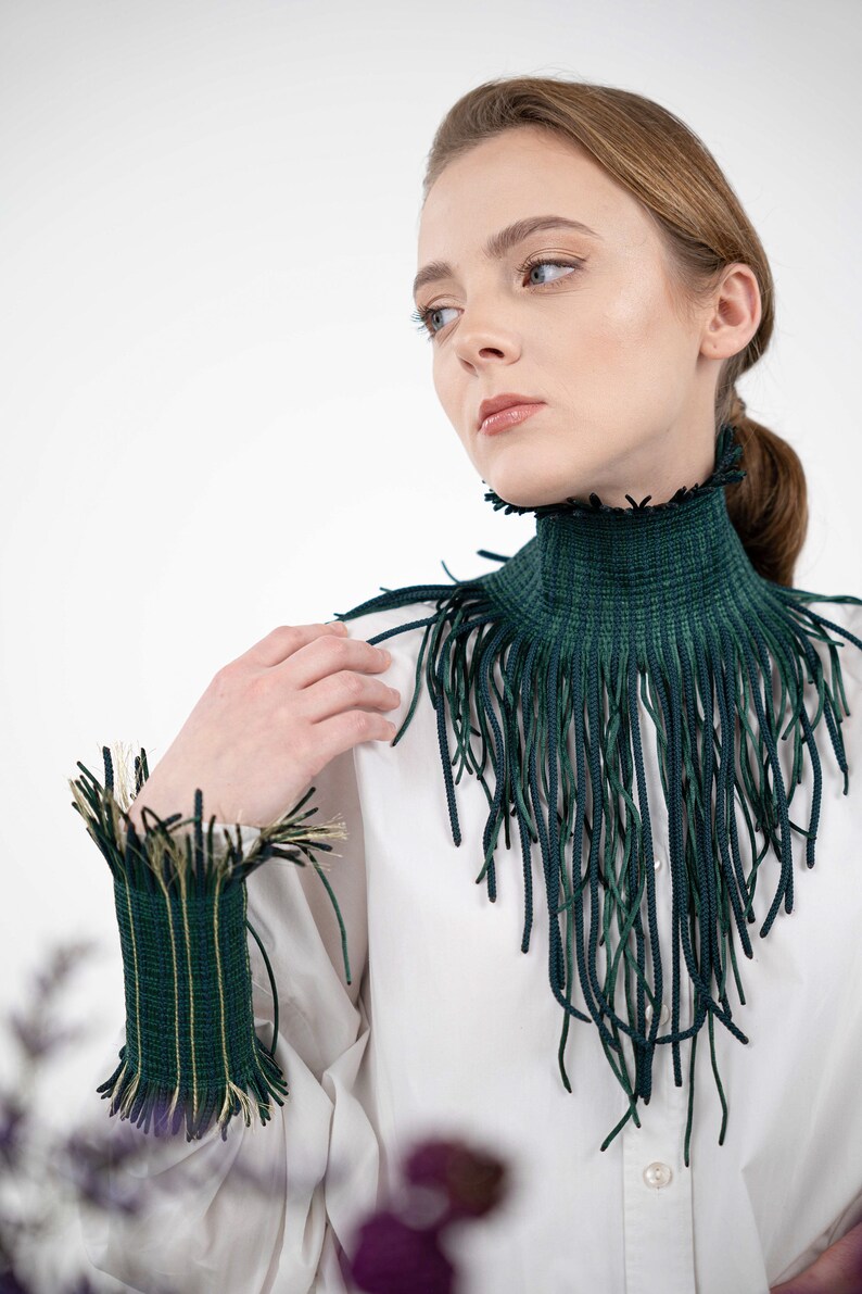 Neck Corset, Emerald Fringe Choker, Stylish Minimal Collar, Custom Made Choker Necklace, Submissive Style Choker, Festive Tassel Necklace image 2