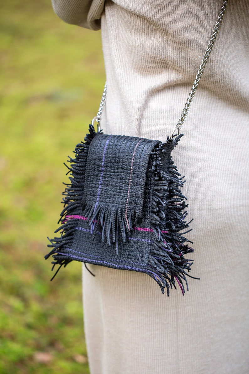 Handmade Black Color Women Purse Made From Unique Fringe Texture, Authentic BOHO Style Fringe Material, Personalized Shoulder Handbag image 2
