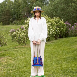 Blue and Orange Top Handle, Boho Folk Hippie Fringe Bag, Cute Women Crossbody Purse Clutch, Adjustable Strap And Colors, Boho Gift image 7