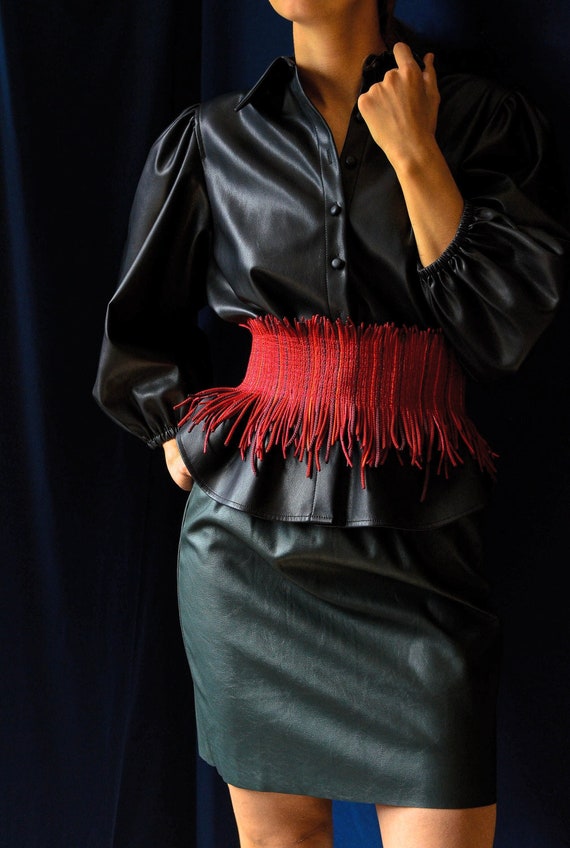 Satin fringe corset belt, Underbust corset, Red waist cincer, Custom made plus size corset belt, High waist obi belt, Custom colors bodice