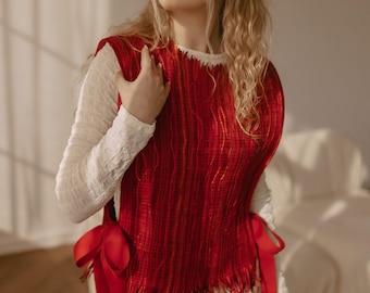 Handwoven Corset Vest with Fringe – Bohemian Statement Waistcoat, Handmade Textile Top, Unique Artisan Clothing