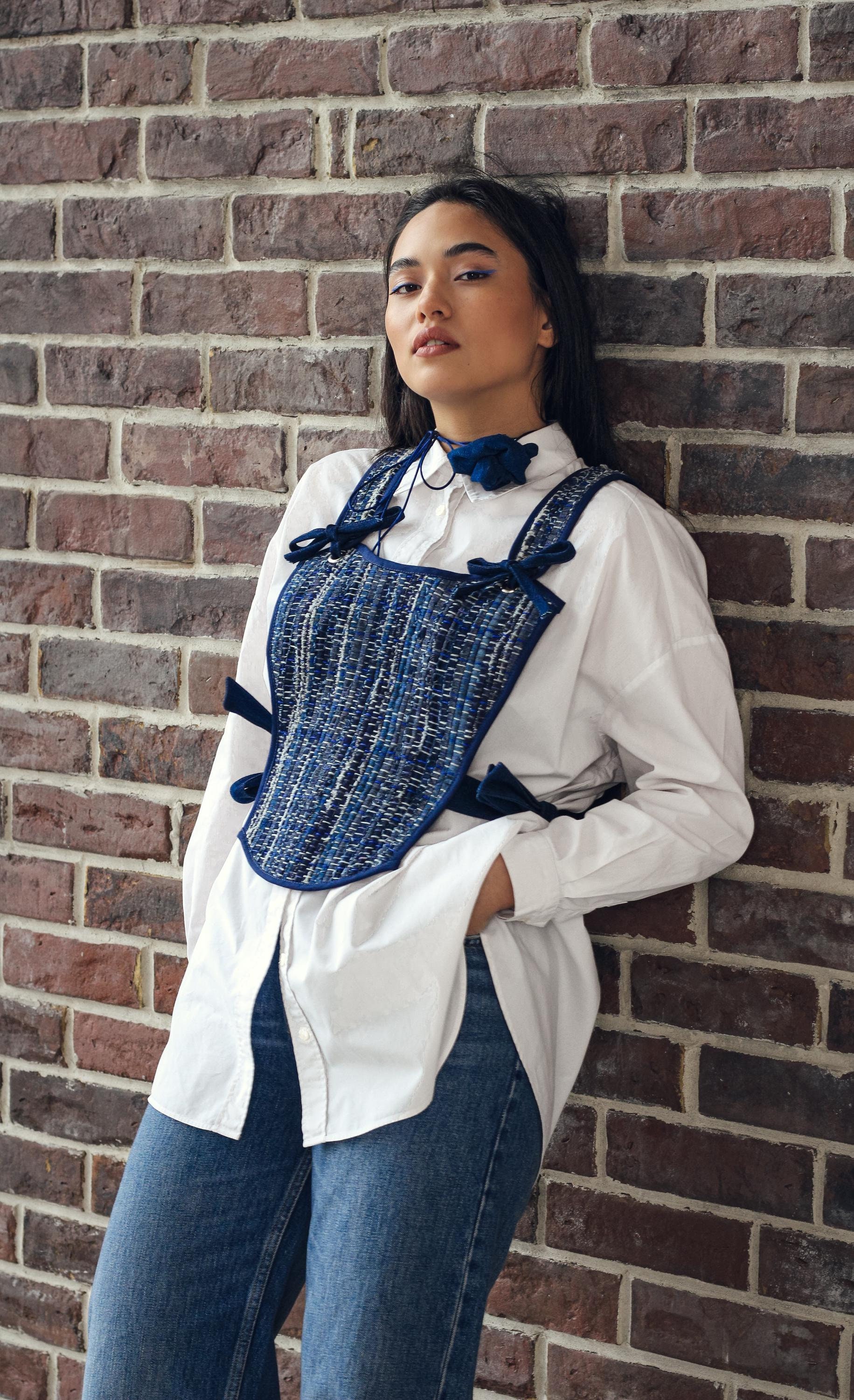 Handmade Denim Statement Vest, Adjustable Tie-Up Corset Vest for Women, One-Size Upcycled Denim Waistcoat, Sustainable Woven Denim Gilet