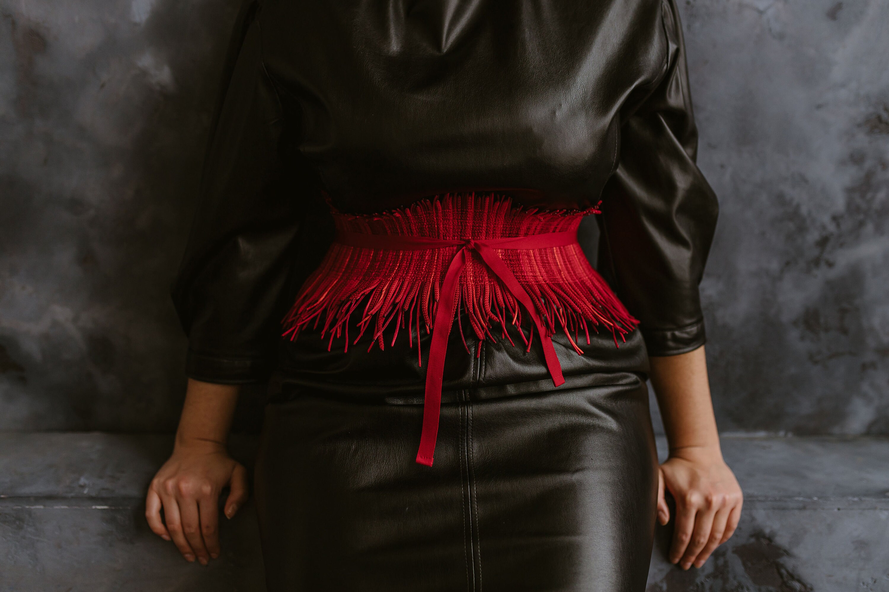 Handmade Red Corset Belt: Fringe Fabric Waist Accessory 