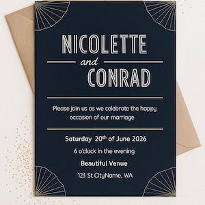 Art Deco Wedding Invitation | Printable Digital Invite | Custom Navy & Gold Flat Lay with Envelope | Gatsby Inspired Design