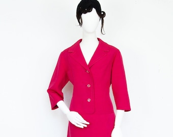 Vintage anni '80 Fucsia Seta Midi Trapezio Abito sartoriale Collo Maniche Lunghe Taglia M UK 12