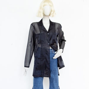 Vintage 80s Dark Blue Sheer Maxi Oversized Shirt With Pockets  Long Sleeves Size M