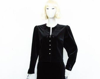 Vintage 80s Black Velvet Short Jacket Puffed Shoulders Floral Embroidery Detail Size M UK 12