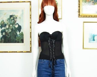 Vintage 90s Black Stretch Corset Top Mesh Details Front Strings Size S UK 8