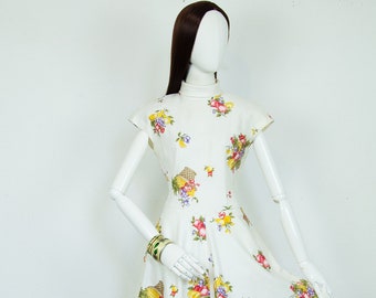 Vintage 80s White Maxi Floral Cotton Midi Skater Dress Fit & Flare Sleeveless Size S UK 10