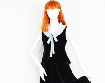 Vintage 80s Black Velvet Mini Dress Sleeveless Light Blue Bow Collar Asymmetrical Hem Size S UK 10