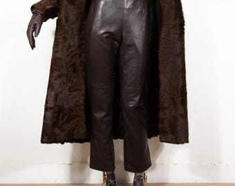 Vintage 1990s Dark Brown Leather Trousers Straight-Leg High Waist UK 10/US 6