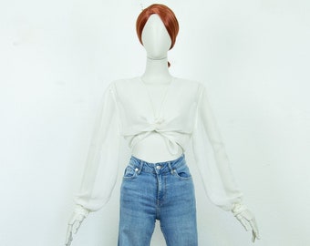 Vintage Y2K White Chiffon Sheer Cropped Open Blouse Puffed Sleeves Size L UK 16