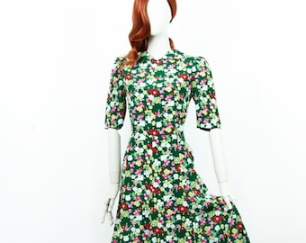 Vintage 60s Green Midi Floral Skater Dress Fit & Flare Collared Puffed Shoulders Size M UK 12