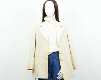 Vintage 80s Light Yellow Cream Wool Maxi Blazer Check Print With Pockets And Buttons Size M UK 14