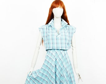 vintage 70s Baby Blue White Check Midi Cotton Dress Fit & Flare Sleeveless Collared Size M UK 10-12