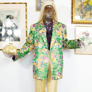 Vintage 1990s Floral Brocade Blazer Green Gold Jacquard Statement Jacket Size M UK 12-14