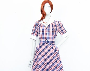 Vintage 80s Red Blue White Check Cotton Midi Skater Dress Short Sleeves Belt Collared Size S UK 10