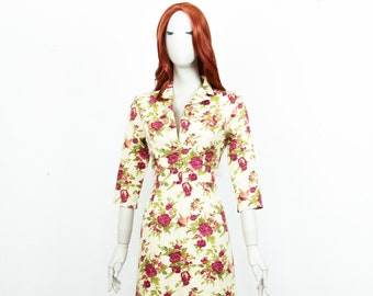 Vintage 60s Cream Floral Midi Sheath Dress Half Sleeves Collared Front Buttons Size S UK 8