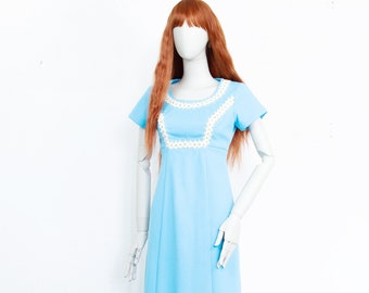 Vintage anni '70 Baby Blue Maxi Boho A Line Abito maniche corte Dettagli bianchi Taglia S UK 10