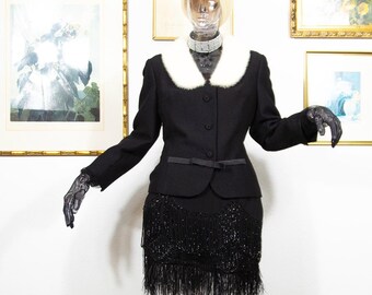 Vintage 1950s Wool Jacket White Fur Collar Mid-Century Black Coat With Pockets Size M