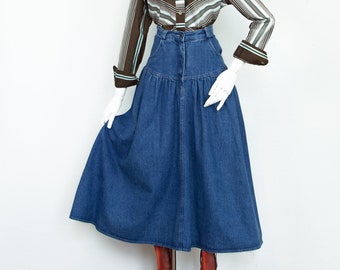 Vintage 80s Dark Blue Maxi Full Peasant Cotton Denim Skirt High Waist Size S UK 8