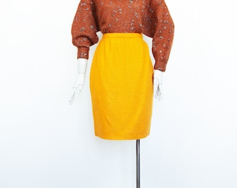 Vintage 80s Mustard Yellow Wool Mini Pencil Skirt High Waist Size S UK 8 26"