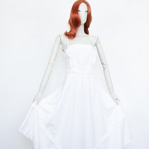 Vintage witte katoenen maxi-jurk jaren 70: mouwloze boho-skater, maat S (VK 10)