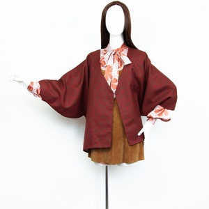 Vintage 60s Rusty Red Brown Floral Wool Kimono Midi Jacket Size M