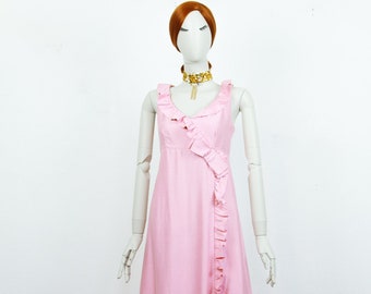 Vintage 60s Pink Silk Maxi Long Dress Frills Sleeveless Size M UK 14