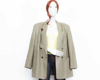 Vintage 80s Beige Brown Houndstooth Wool Blend Maxi Double Breasted Blazer Size M UK 12-14