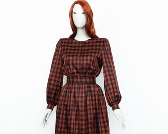 Vintage 80s Black Orange Check Midi Dress Fit & Flare Long Puffed Sleeves With Belt Size S UK 10
