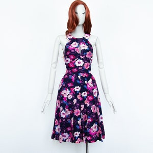 Vintage 80s Floral Midi Dress: Open Back Fit & Flare, Size S UK 8
