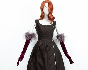 Vintage 60s Dark Brown Wool Midi Skater Dress Rhinestones Detail Sleeveless S UK 6-8