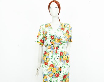 Vintage 80s White Floral Midi Pencil Viscose Dress Short Sleeves With Belt And Pockets Size S UK 10